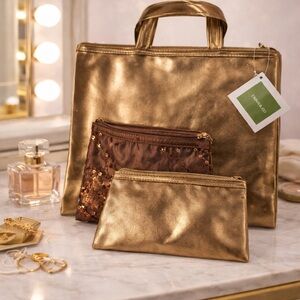NWT Trina & Co Gold Cosmetic Bag Set | 3-Piece Makeup & Travel Organizer